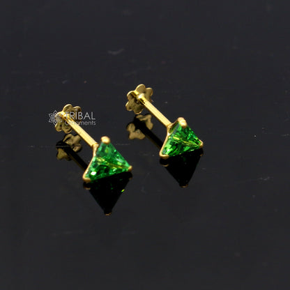 Triangle shape 4MM  18kt yellow gold handmade single green stone back screw star shape stud earring cartilage unisex jewellery er186 - TRIBAL ORNAMENTS