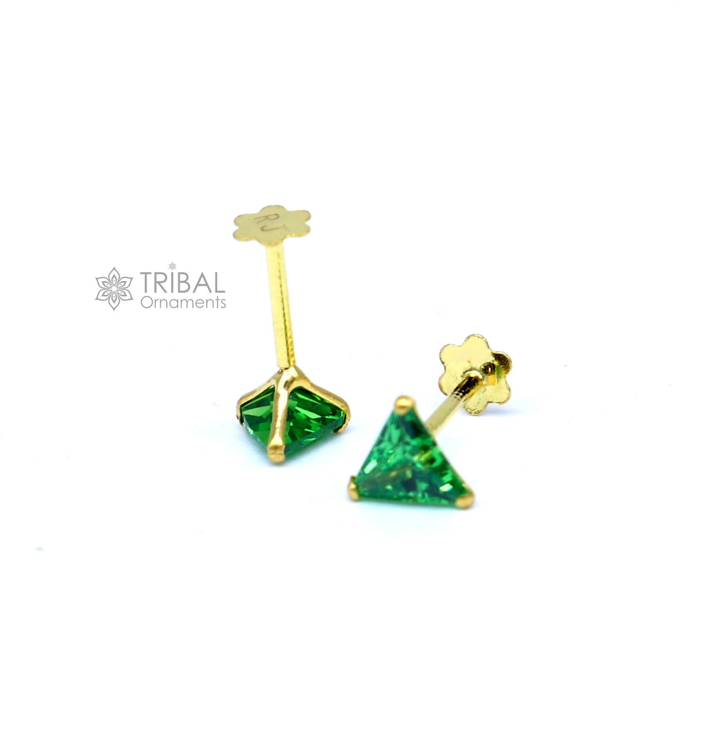 Triangle shape 4MM  18kt yellow gold handmade single green stone back screw star shape stud earring cartilage unisex jewellery er186 - TRIBAL ORNAMENTS