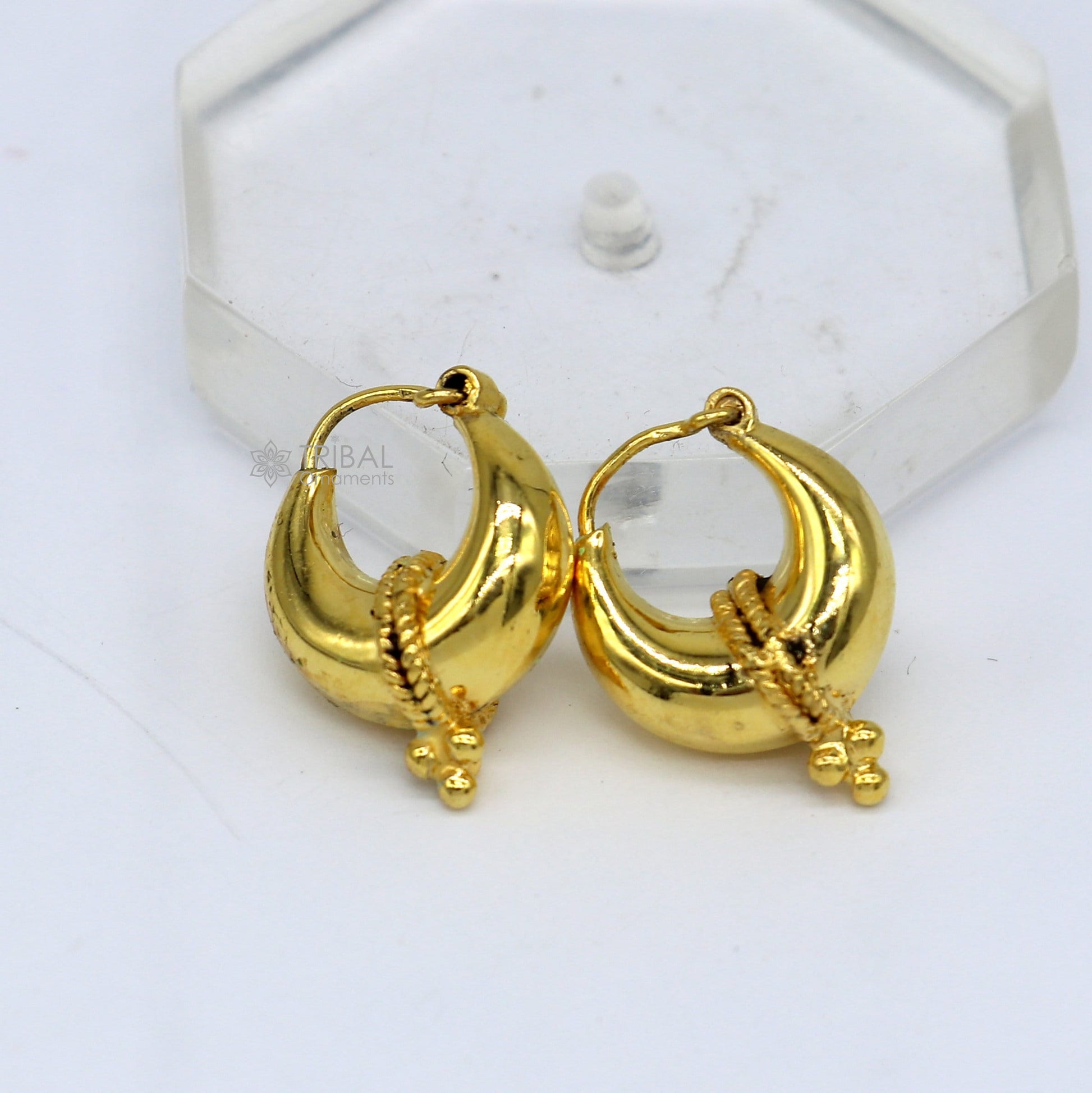 Handmade 925 sterling silver gold-polished boho hoop earrings with vintage tribal design, Bali Banjara jewelry style.