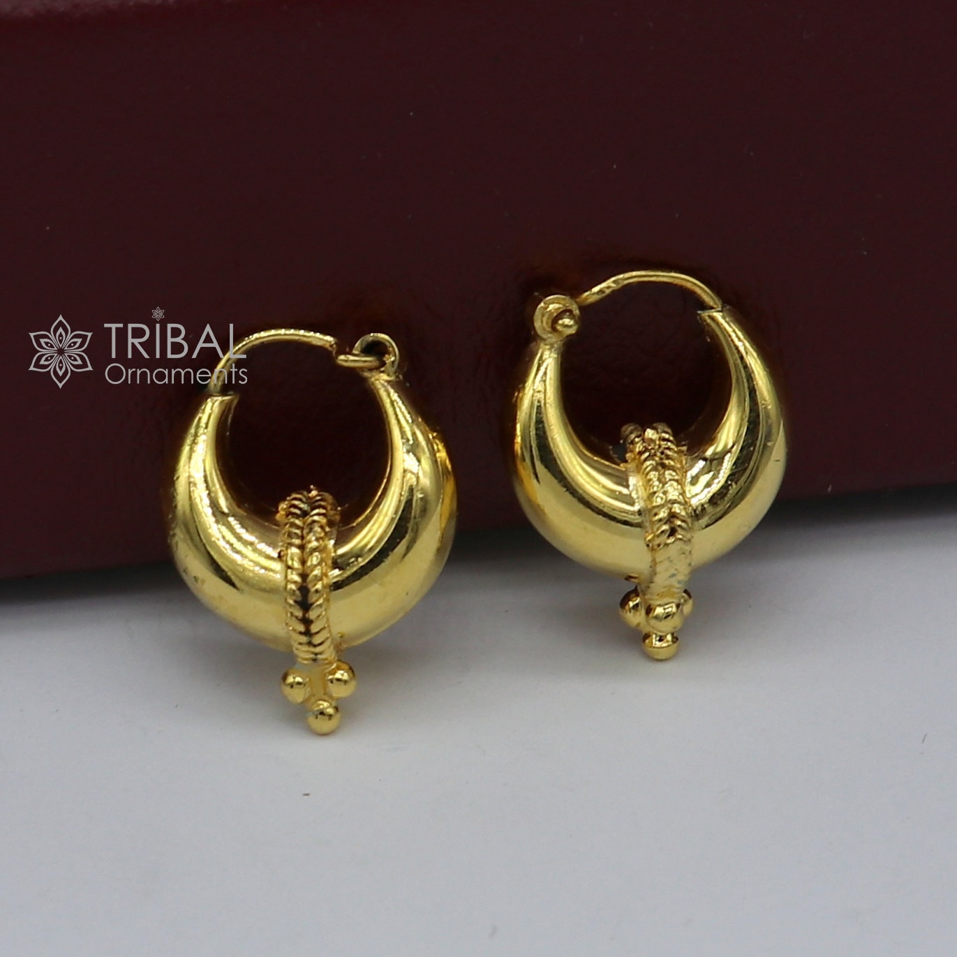 Vintage handmade 925 sterling silver gold polished boho hoop earrings with tribal Bali and Banjara design by TRIBAL ORNAMENTS