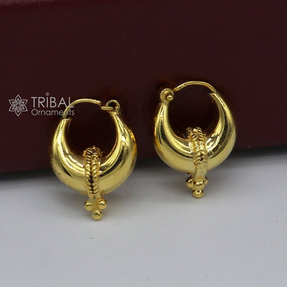 Vintage handmade 925 sterling silver gold polished boho hoop earrings with tribal Bali and Banjara design by TRIBAL ORNAMENTS