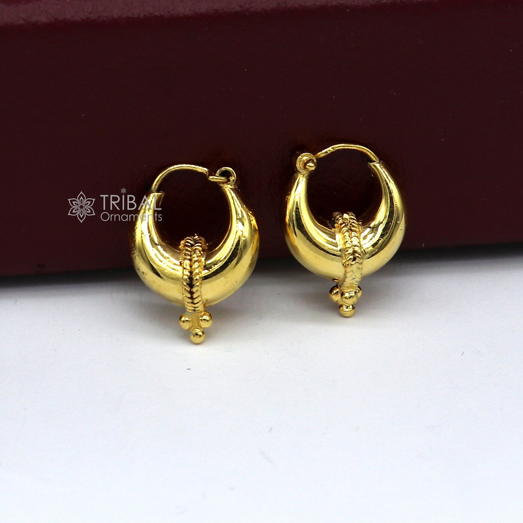 Vintage handmade sterling silver and gold polished hoops earrings featuring boho Bali tribal Banjara jewelry design.