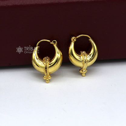 Vintage handmade sterling silver and gold polished hoops earrings featuring boho Bali tribal Banjara jewelry design.