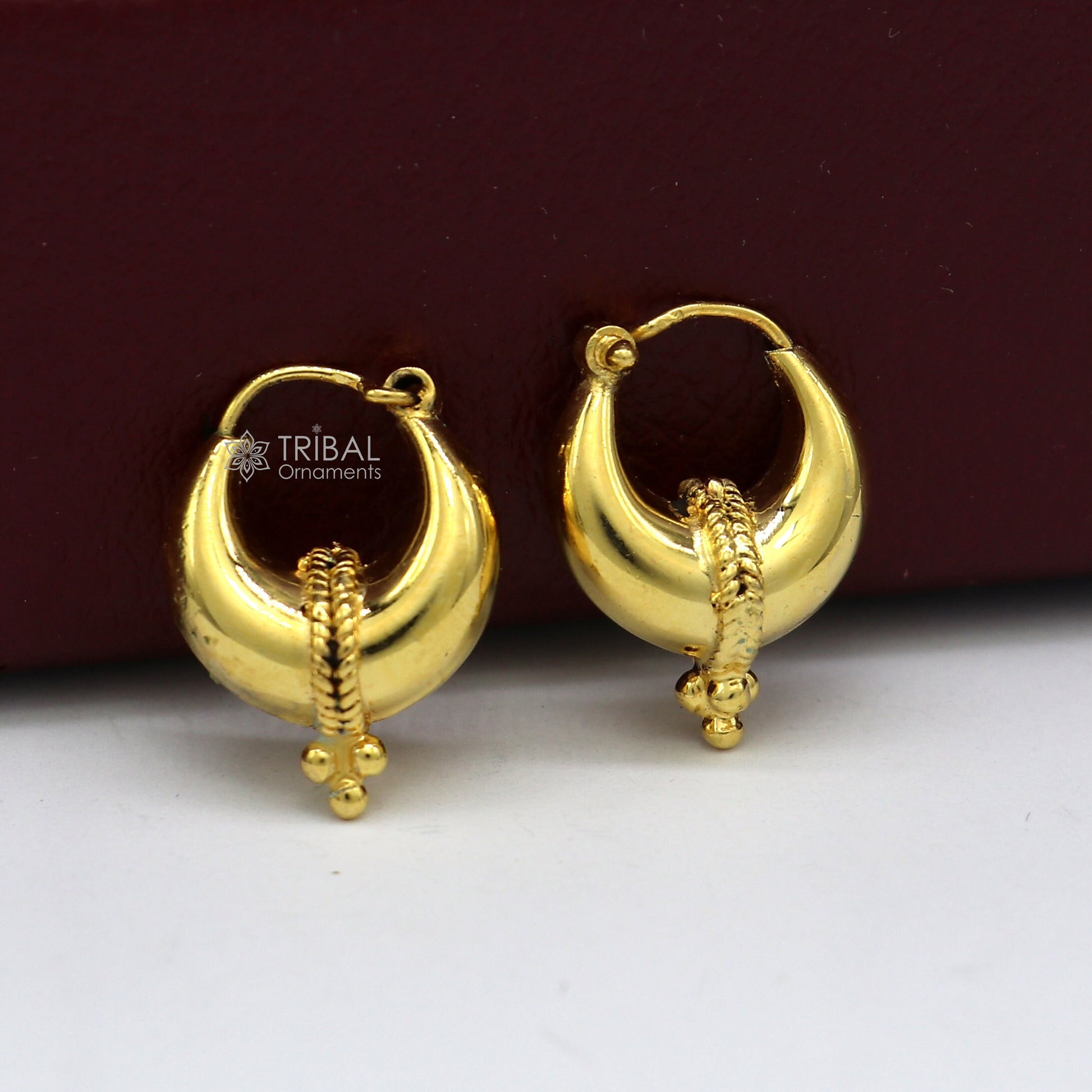 Vintage tribal boho hoops earrings made of 925 sterling silver with gold polish, featuring antique design from Bali Banjara jewelry.
