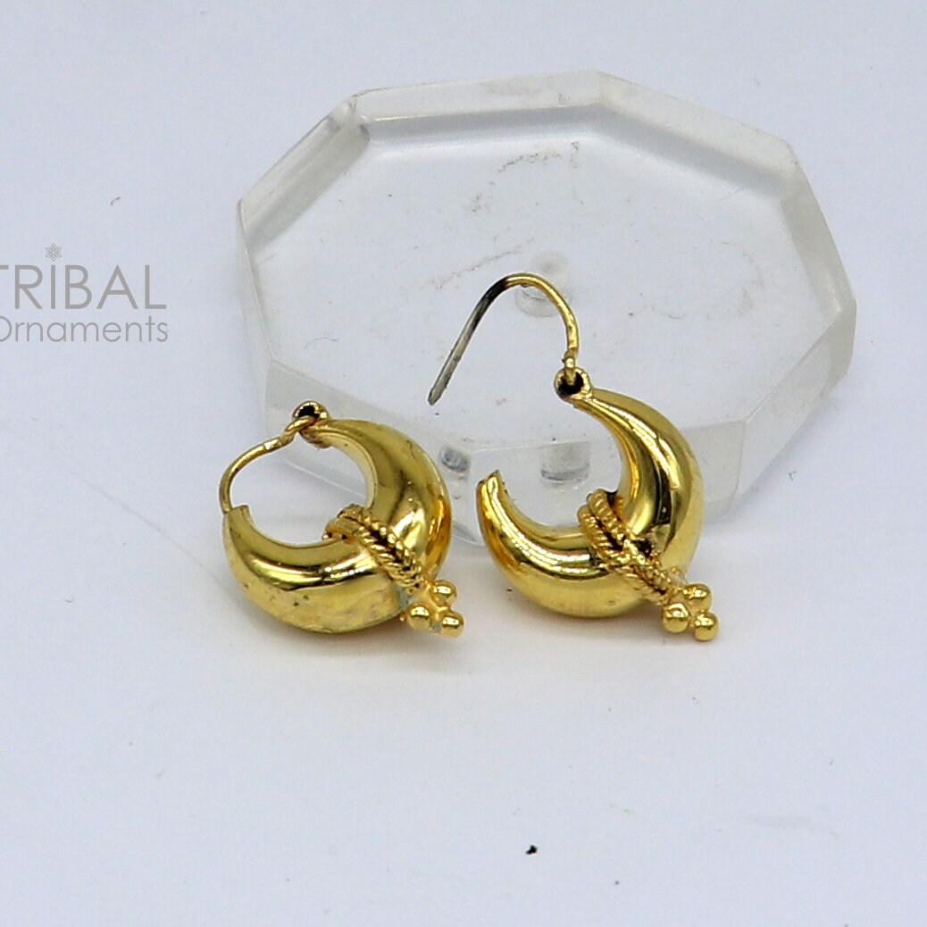 Vintage handmade 925 sterling silver gold-polished boho hoop earrings featuring tribal Bali Banjara design.