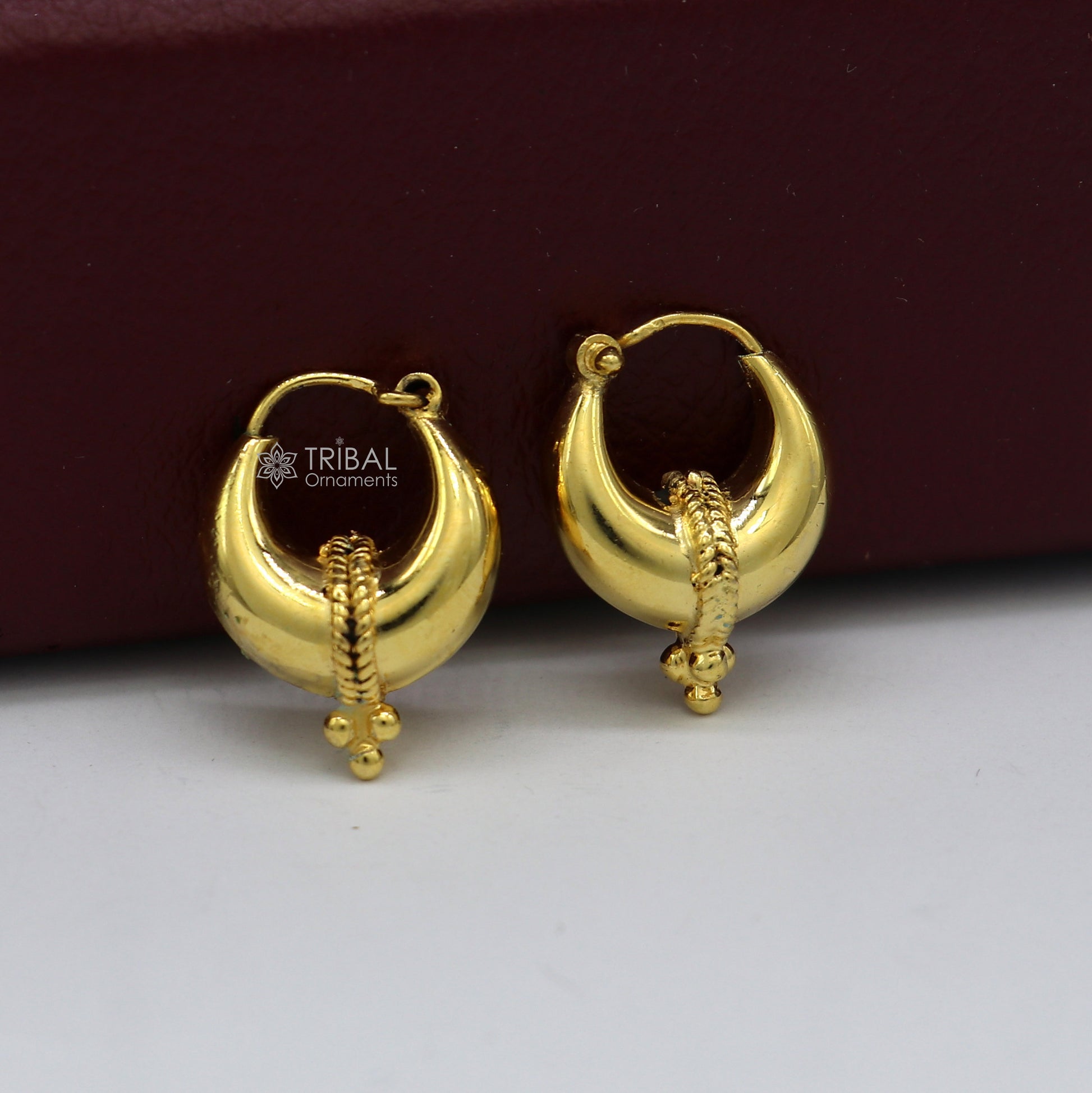 Vintage handmade sterling silver and gold polished boho hoop earrings with tribal Bali Banjara design by TRIBAL ORNAMENTS