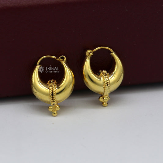 Vintage handmade sterling silver and gold polished boho hoop earrings with tribal Bali Banjara design by TRIBAL ORNAMENTS