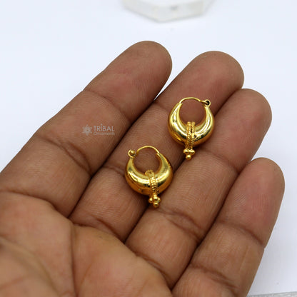 Vintage handmade sterling silver gold polished hoop earrings with boho Bali tribal Banjara design by TRIBAL ORNAMENTS.