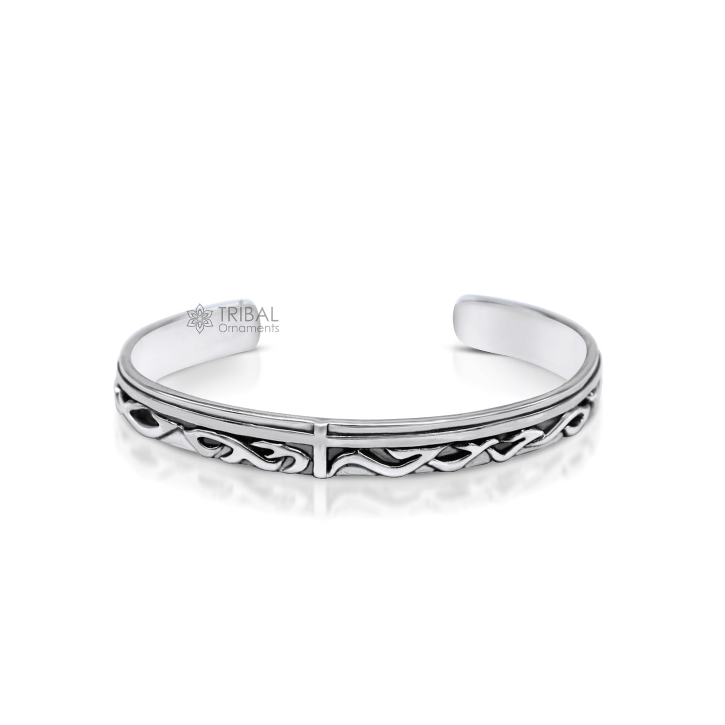 Vintage style 925 sterling silver adjustable cuff bangle bracelet by TRIBAL ORNAMENTS, unisex handmade jewelry with intricate design.