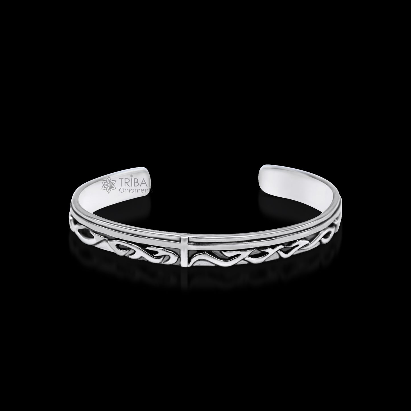 Vintage style 925 sterling silver adjustable cuff bracelet by TRIBAL ORNAMENTS, unisex handmade jewelry with antique design.
