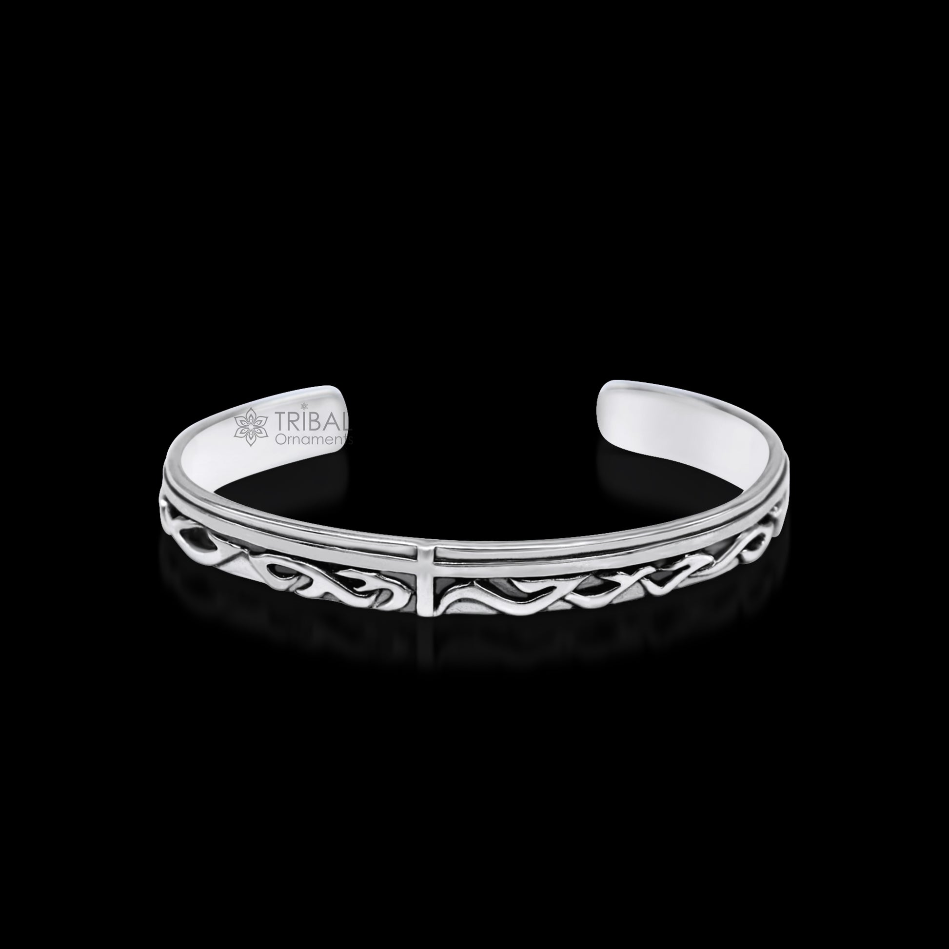 Vintage style 925 sterling silver adjustable cuff bracelet by TRIBAL ORNAMENTS, unisex handmade jewelry with antique design.