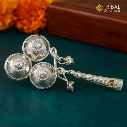 Vintage antique style handmade design new born baby gifting bells toy, baby krishna gifting toy, gift to idol krishna, silver article su339 - TRIBAL ORNAMENTS
