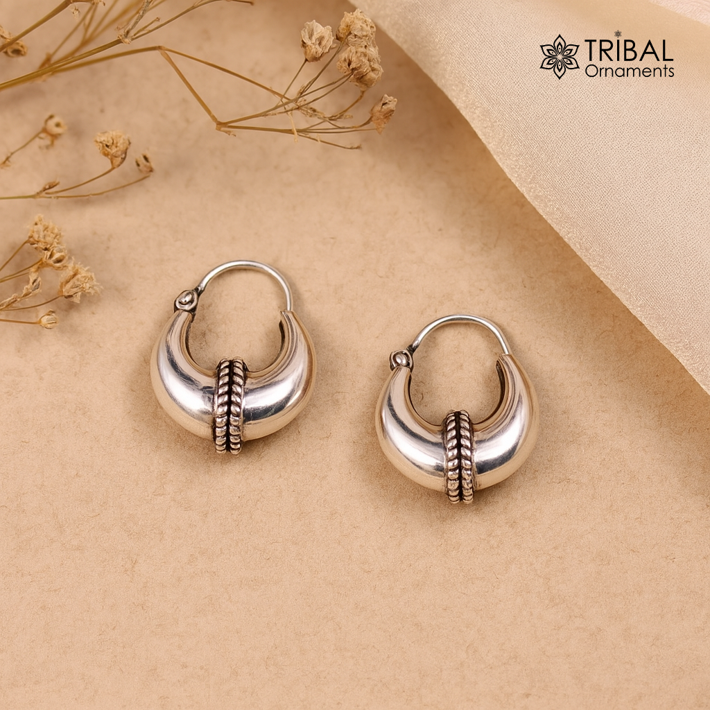 Vintage Design 925 sterling silver fabulous hoops earring, tribal kundal earring from Rajasthan India, best gifting unisex jewelry ear1048 - TRIBAL ORNAMENTS