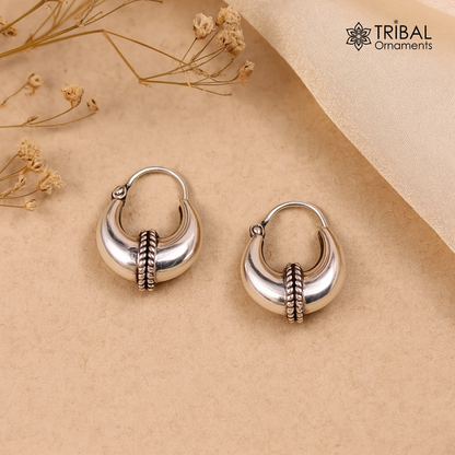 Vintage Design 925 sterling silver fabulous hoops earring, tribal kundal earring from Rajasthan India, best gifting unisex jewelry ear1048 - TRIBAL ORNAMENTS