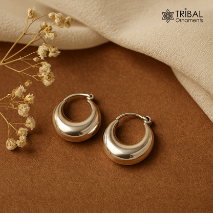 Vintage tribal sterling silver hoop earrings from Rajasthan, featuring intricate design and kundal style, unisex jewelry by Tribal Ornaments.