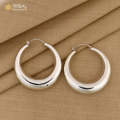 Vintage tribal-inspired 925 sterling silver hoops earrings from Rajasthan India, unisex jewelry with intricate design details.