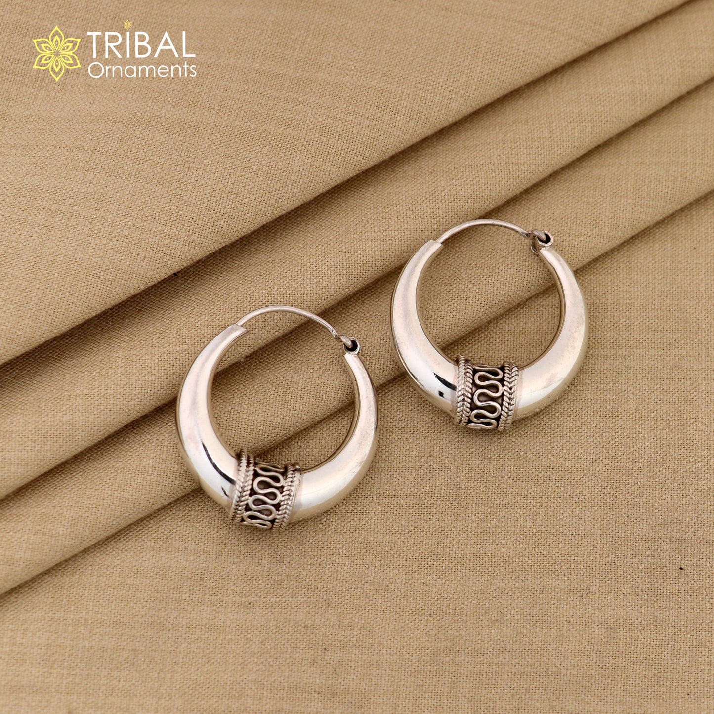 Vintage Design 925 sterling silver fabulous hoops earring, tribal kundal earring from Rajasthan India, best gifting unisex jewelry ear612 - TRIBAL ORNAMENTS