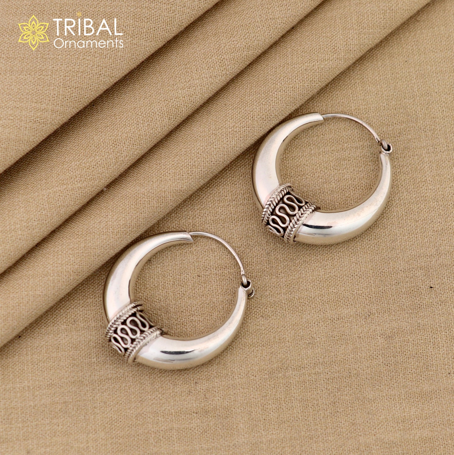 Vintage Design 925 sterling silver fabulous hoops earring, tribal kundal earring from Rajasthan India, best gifting unisex jewelry ear612 - TRIBAL ORNAMENTS