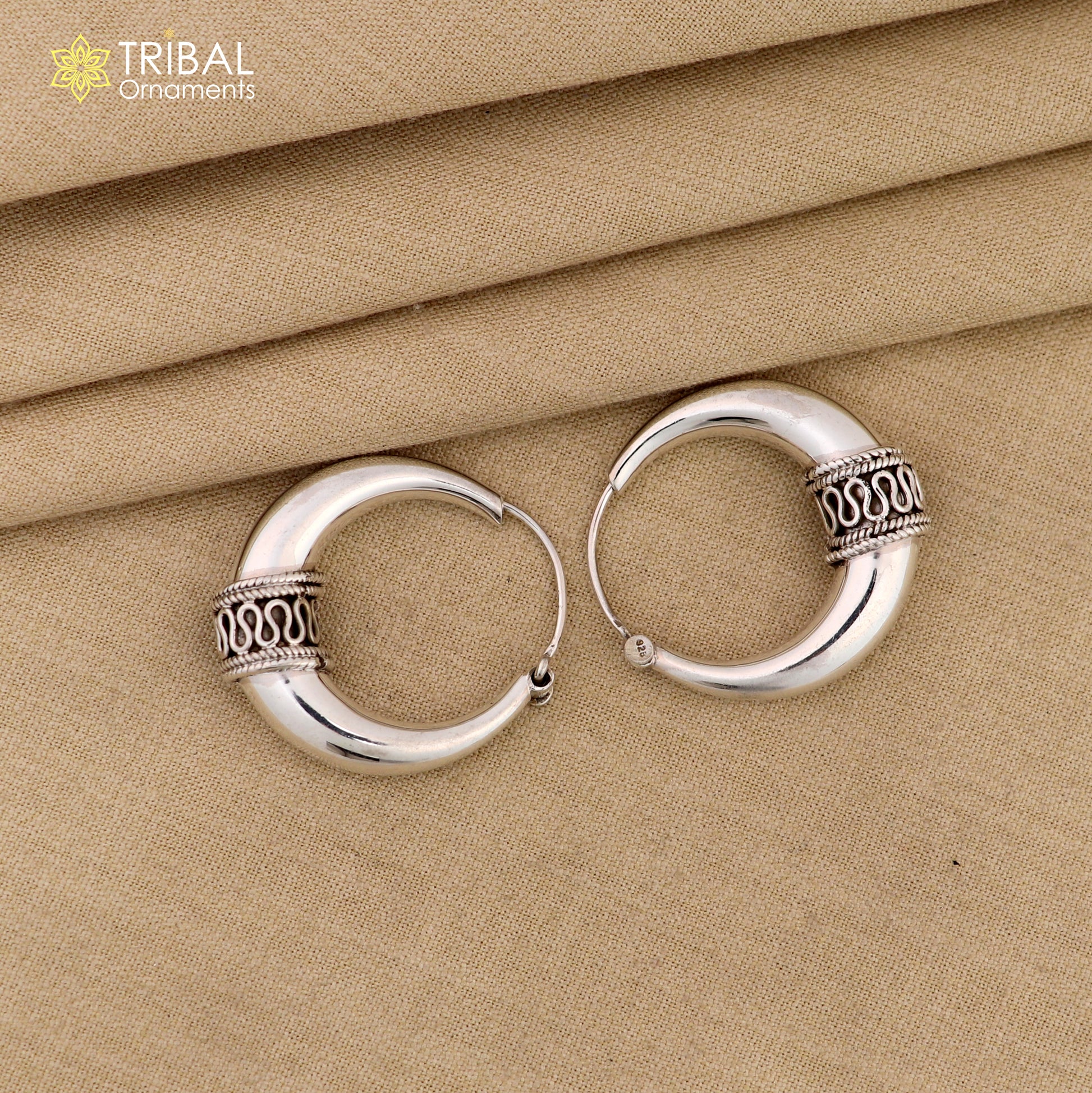 Vintage Design 925 sterling silver fabulous hoops earring, tribal kundal earring from Rajasthan India, best gifting unisex jewelry ear612 - TRIBAL ORNAMENTS