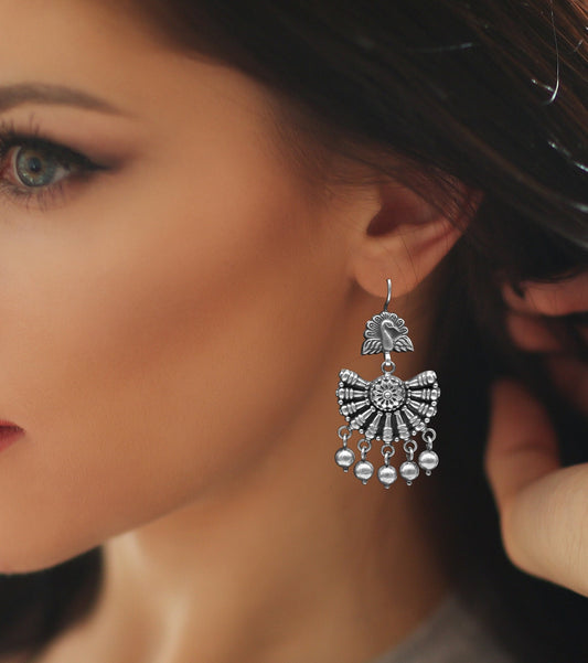 Vintage 925 sterling silver peacock hoop earrings with hanging bells, tribal jewelry for belly dance and Indian traditional style.