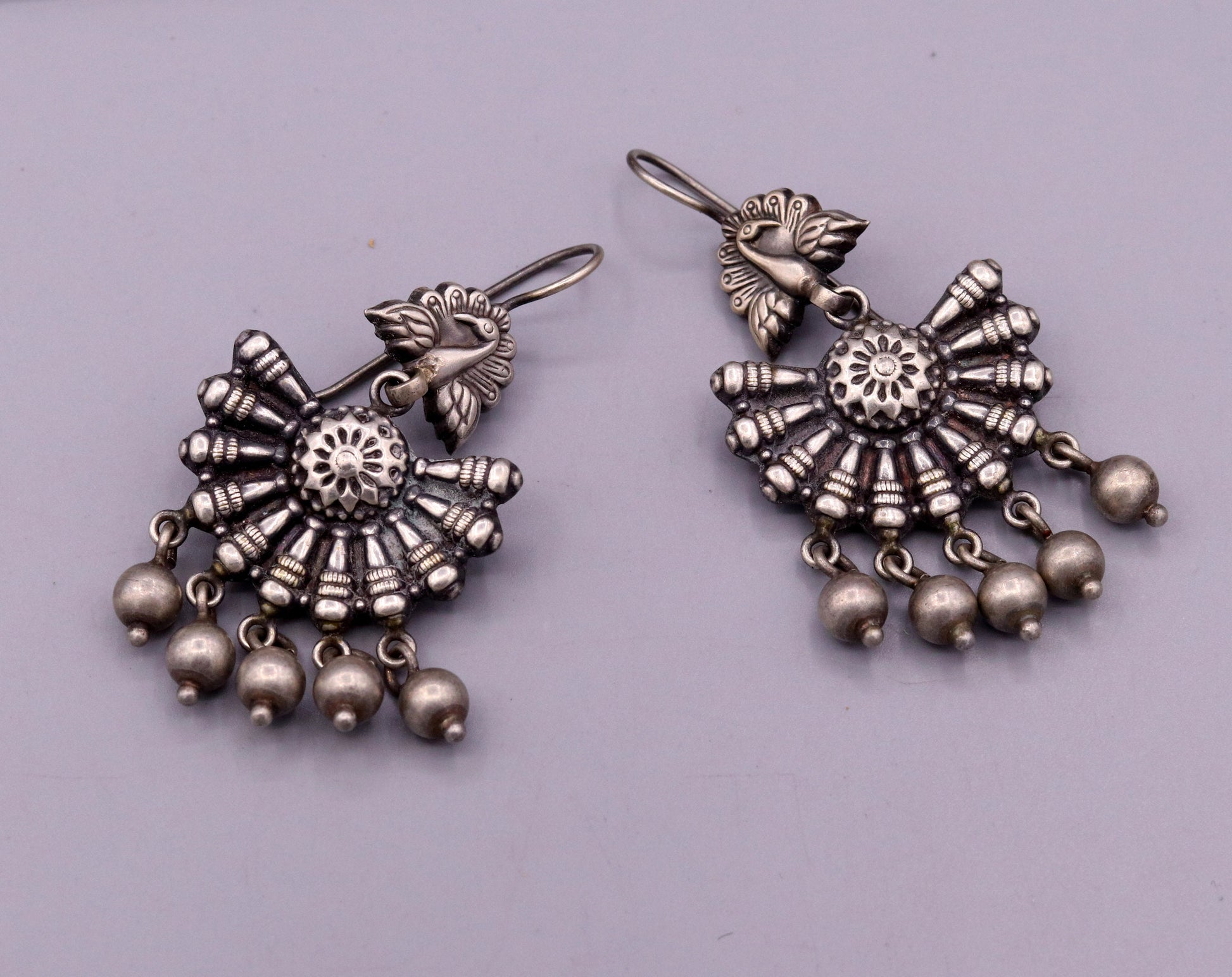 Vintage 925 sterling silver peacock hoop earrings with hanging bells, tribal jewelry for belly dance from TRIBAL ORNAMENTS.