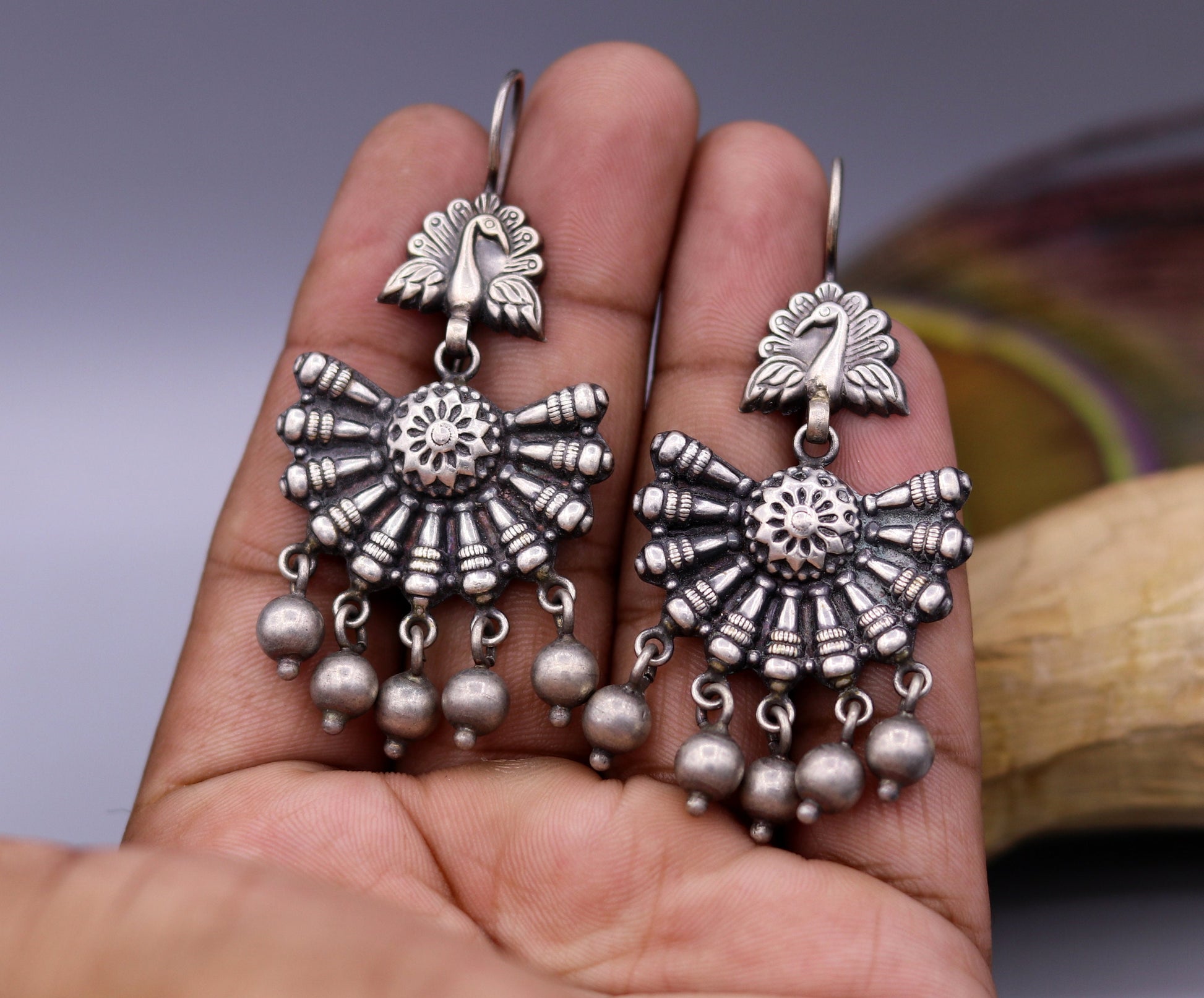 Vintage 925 sterling silver peacock hoop earrings with hanging bells, tribal jewelry for belly dance and Indian traditional style.