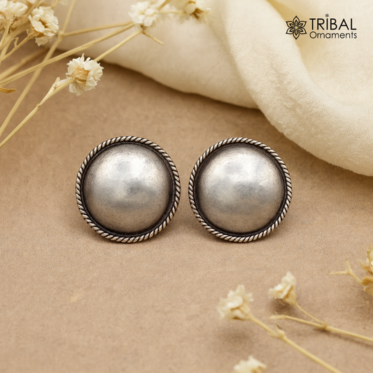 Vintage design 925 sterling silver plain handmade 18MM round design fabulous Stud earrings tribal jewelry from india  S1305 - TRIBAL ORNAMENTS