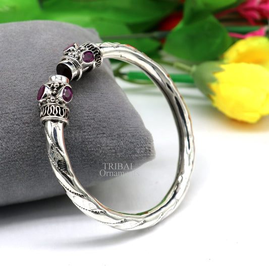 Sterling silver stone bangle cuff bracelet by Tribal Ornaments, adjustable tribal jewelry with vintage design, suitable for daily wear.