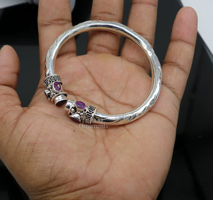 Vintage tribal 925 sterling silver stone bangle cuff bracelet with adjustable twist design, perfect for daily wear.