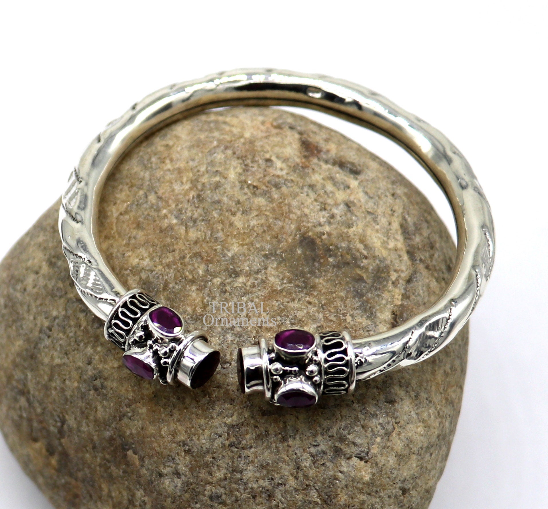 925 sterling silver tribal bangle cuff bracelet with vintage design, adjustable twisting closure, ideal for daily wear tribal jewelry.