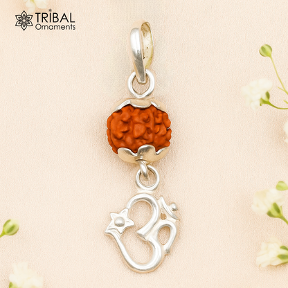 Sterling silver Aum mantra pendant with natural Rudraksha beads, lightweight unisex jewelry, vintage design by Tribal Ornaments.