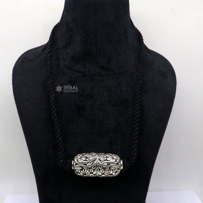 Vintage Indian 925 sterling silver choker necklace with chitai work and tribal pendant, part of traditional jewelry set.
