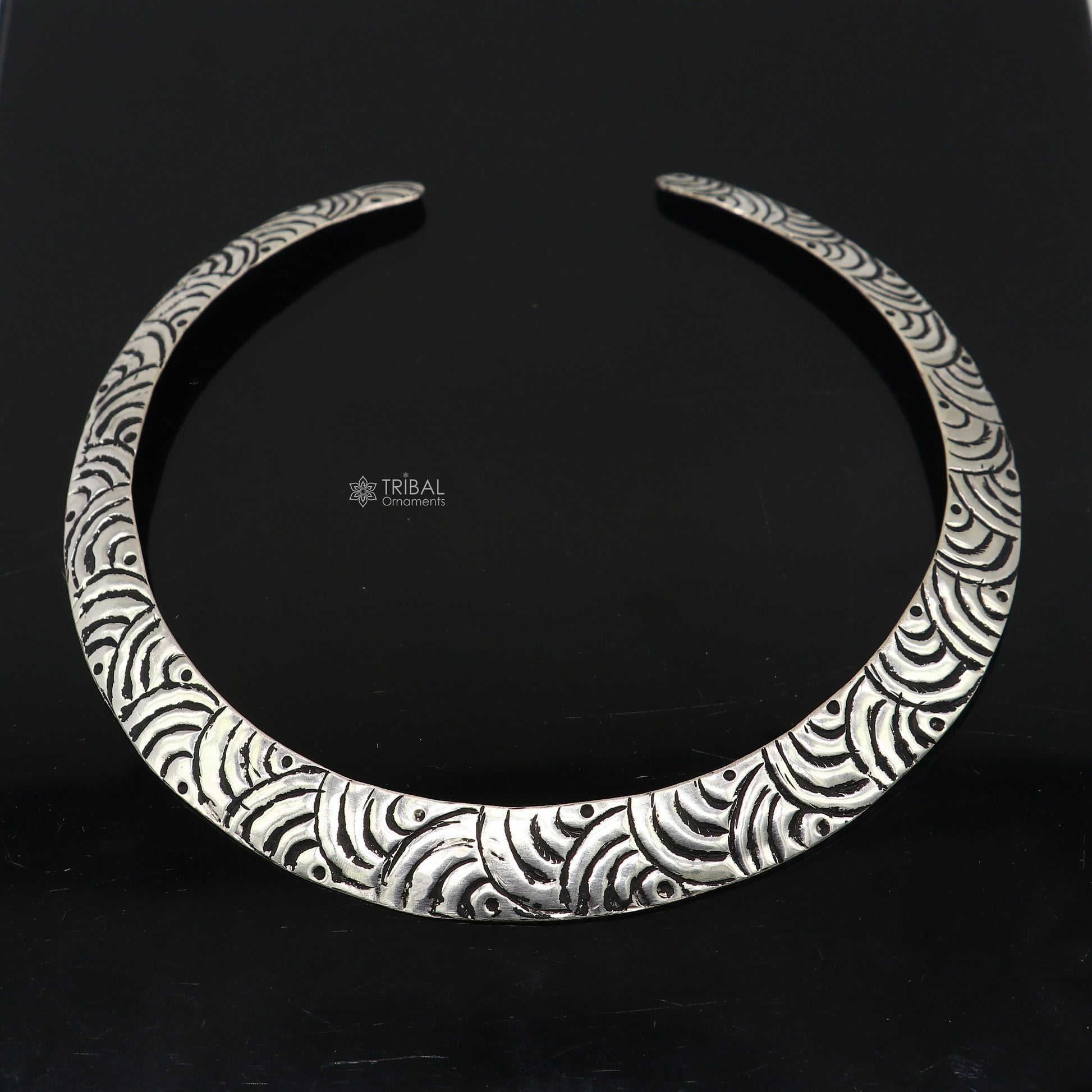 Vintage Indian tribal silver Chokar necklace set with Chitai work, featuring traditional 925 sterling silver choker jewelry by TRIBAL ORNAMENTS.
