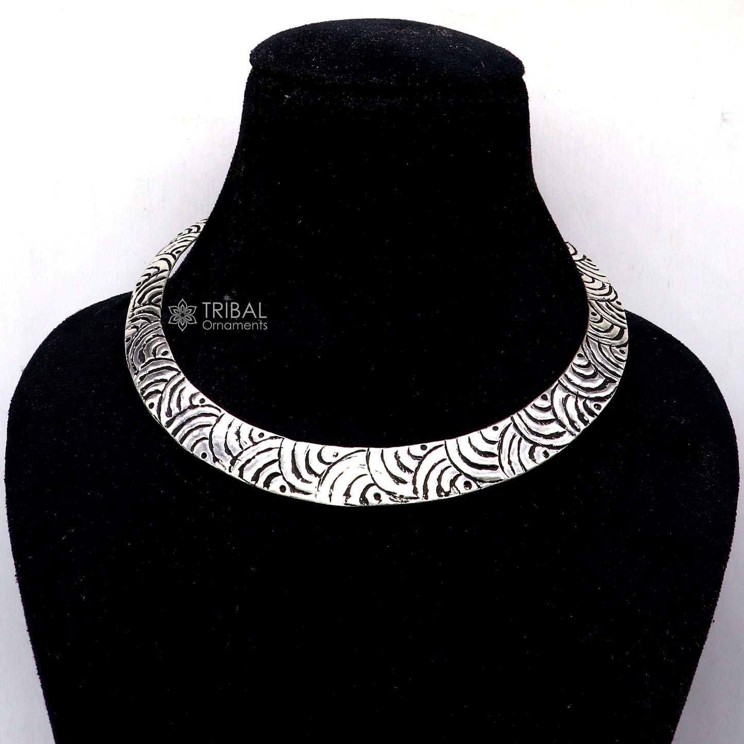 Vintage Indian style sterling silver Chitai work choker necklace with tribal design, part of TRIBAL ORNAMENTS jewelry set.