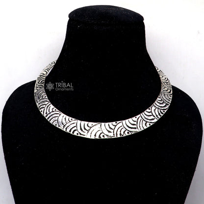 Vintage Indian style sterling silver Chitai work choker necklace with tribal design, part of TRIBAL ORNAMENTS jewelry set.