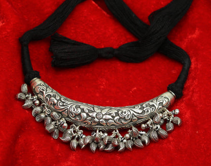 Vintage Indian tribal silver necklace with customized chitai and kandrai charm, featuring traditional sterling silver work.