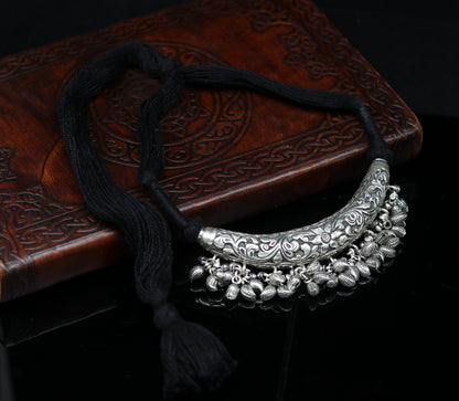 Vintage Indian tribal necklace with 925 sterling silver chatai and kandrai charms, featuring intricate traditional jewelry design.