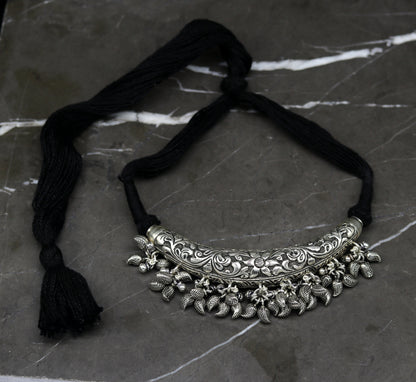 Vintage Indian tribal charm necklace featuring 925 sterling silver chitai and kandrai work, part of traditional tribal jewelry set.