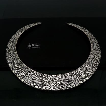 Vintage Indian tribal-style 925 sterling silver Chitai Kandrai work Chokar necklace set with detailed traditional design.
