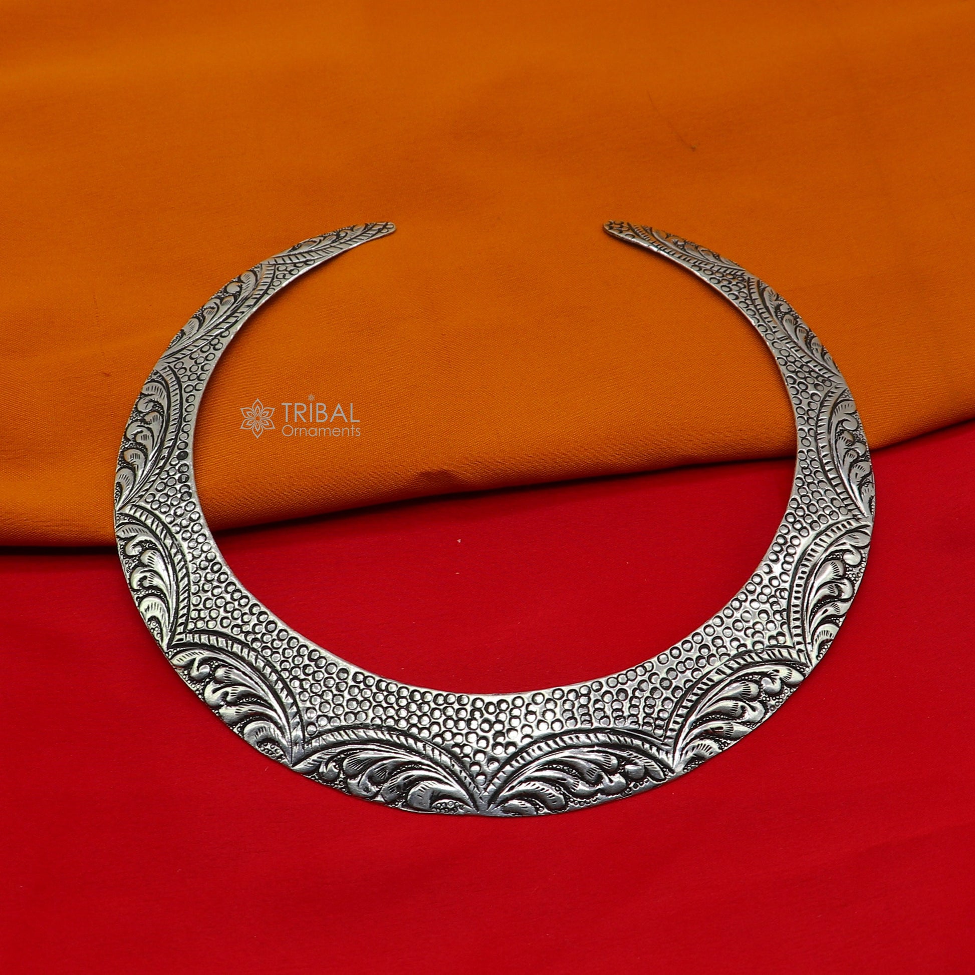 Vintage Indian tribal jewelry set featuring 925 sterling silver Chitai Kandrai work Choker necklace with intricate traditional design.