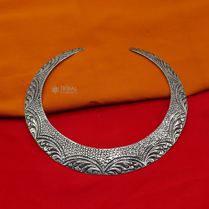 Vintage Indian tribal jewelry set featuring 925 sterling silver Chitai Kandrai work Choker necklace with intricate traditional design.
