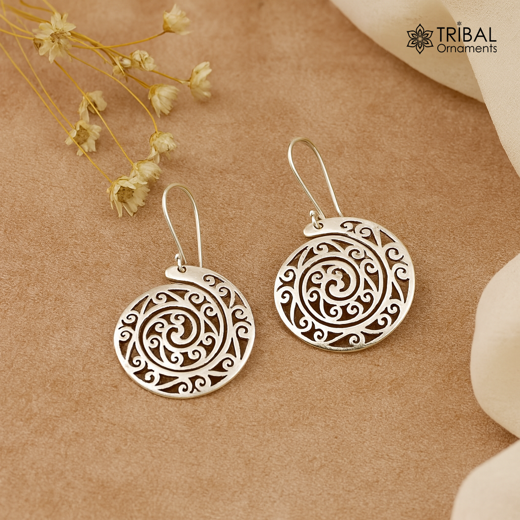 Vintage spiral design hoops earring 92.5 sterling silver handmade drop dangle earring amazing style earring , light weight gifting ear996 - TRIBAL ORNAMENTS