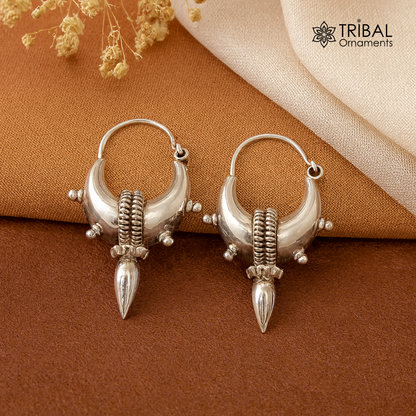 Vintage-style 925 sterling silver tribal hoops earrings with traditional cultural design, suitable for men and women.