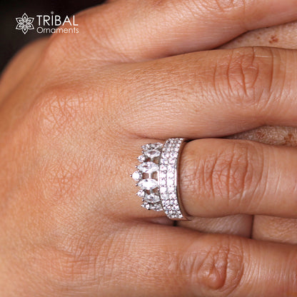 White stone Crown queen style silver ring - TRIBAL ORNAMENTS