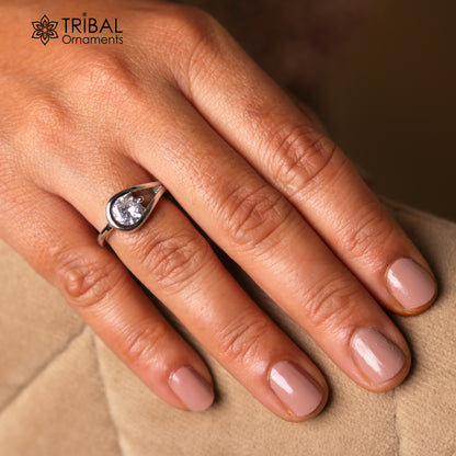White stone stylish silver ring by TRIBAL ORNAMENTS featuring intricate tribal design and polished silver finish.
