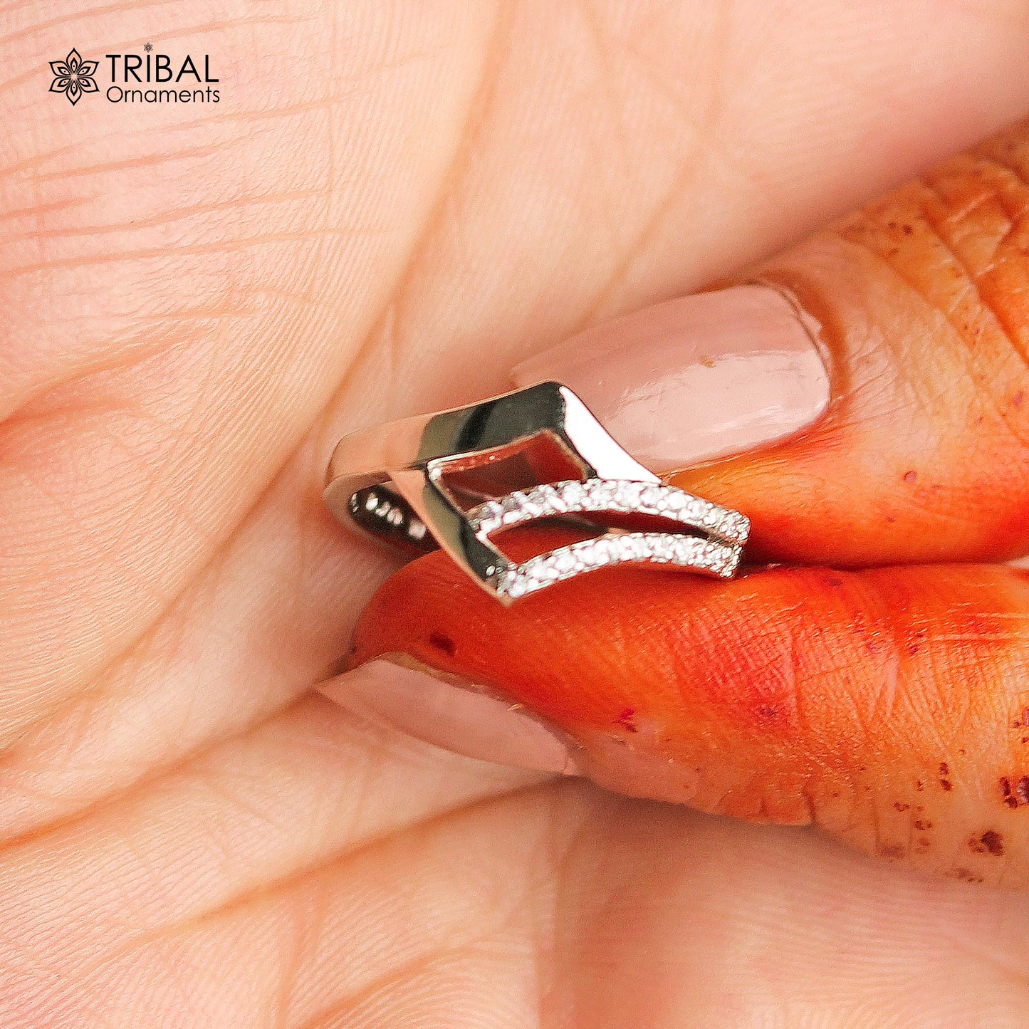 White stone stylish silver ring by TRIBAL ORNAMENTS featuring intricate tribal design and polished silver finish.