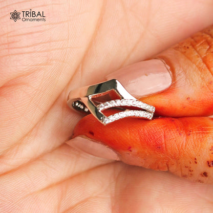 White stone stylish silver ring by TRIBAL ORNAMENTS featuring intricate tribal design and polished silver finish.
