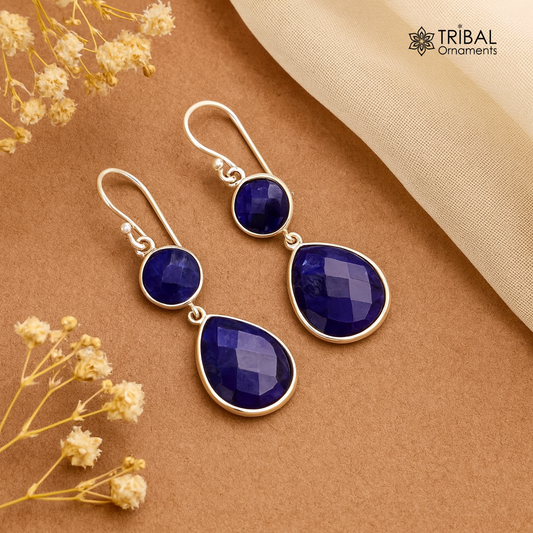 925 sterling silver handmade daily use simulated sapphire hoops earrings s162 - TRIBAL ORNAMENTS