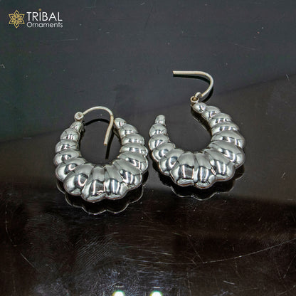 Handmade 925 sterling silver drop dangle hoops earrings by Tribal Ornaments, featuring intricate tribal design and elegant craftsmanship.