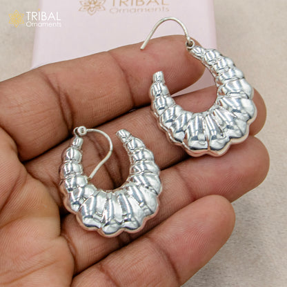 Handmade 925 sterling silver drop dangle hoop earrings by Tribal Ornaments, featuring intricate tribal-inspired design.